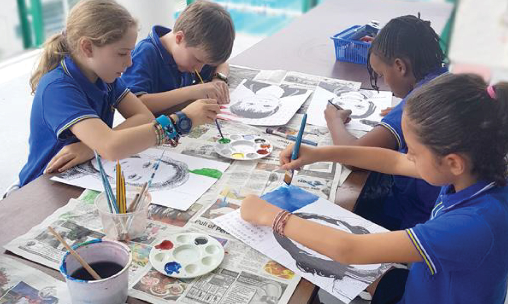 Elementary students painting in art class